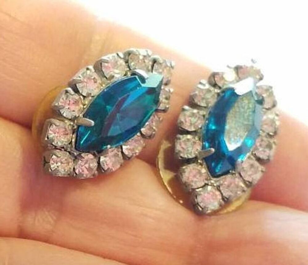 Blue Rhinestone Pierced Earrings, Vintage Oval 1" Long Glass, Sparkly bp-30